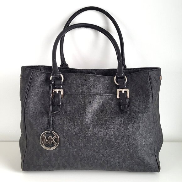 Michael Kors Jet Set Signature Tote • Black/Charcoal MK Logo • Large - Picture 1 of 12